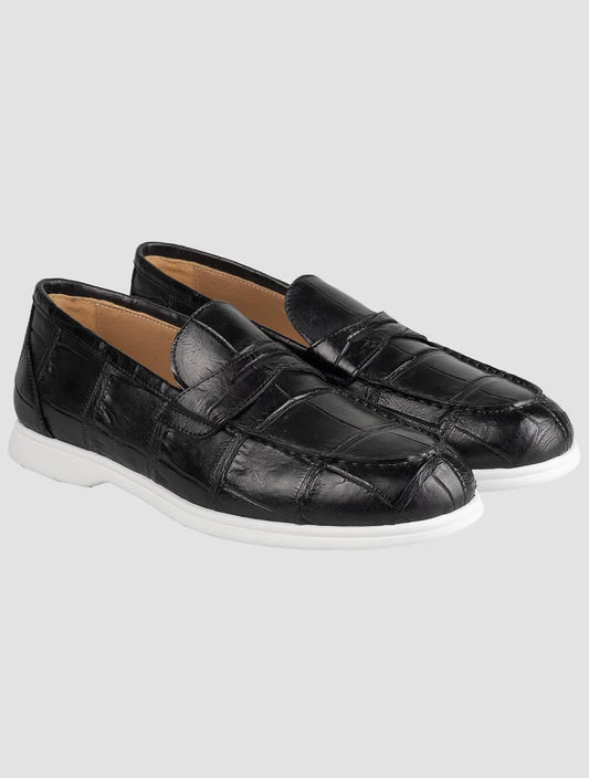 Kiton Black Leather Crocodile Loafers
