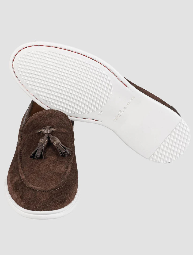 Kiton Brown Leather Crocodile Leather Suede Loafers