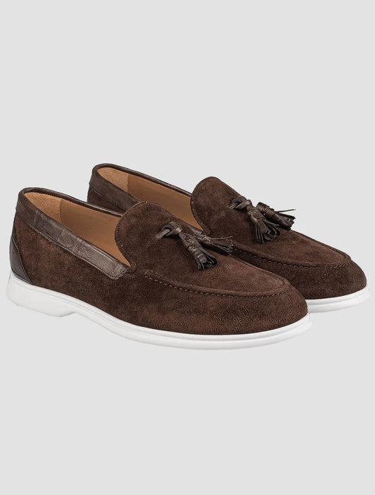 Kiton Brown Leather Crocodile Leather Suede Loafers