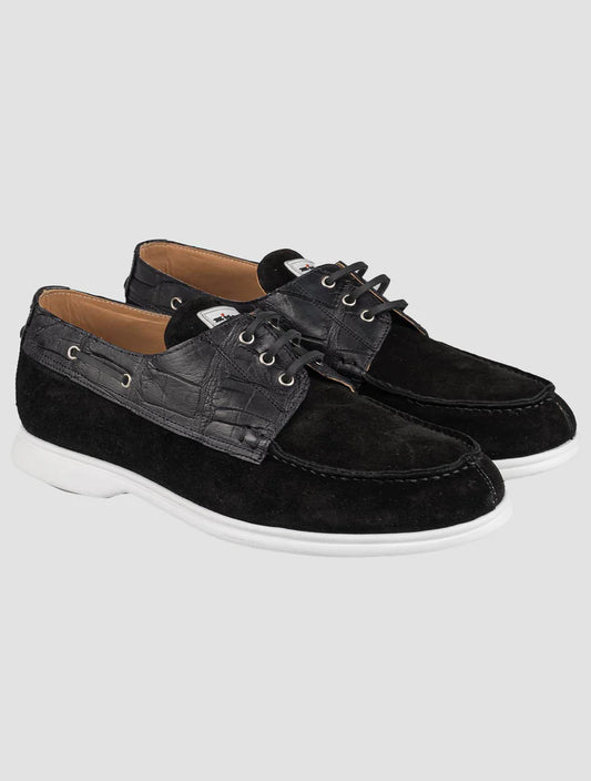 Kiton Black Leather Crocodile Leather Suede Loafers