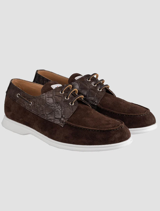 Kiton Brown Leather Crocodile Leather Suede Loafers