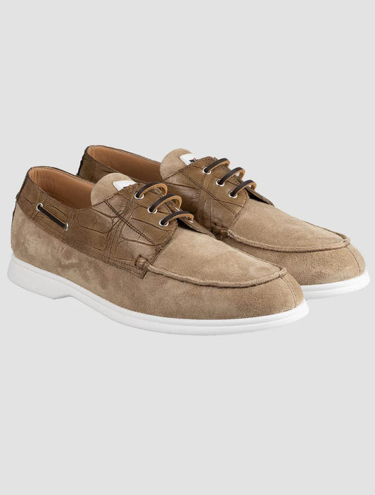 Kiton Beige Leather Crocodile Leather Suede Loafers