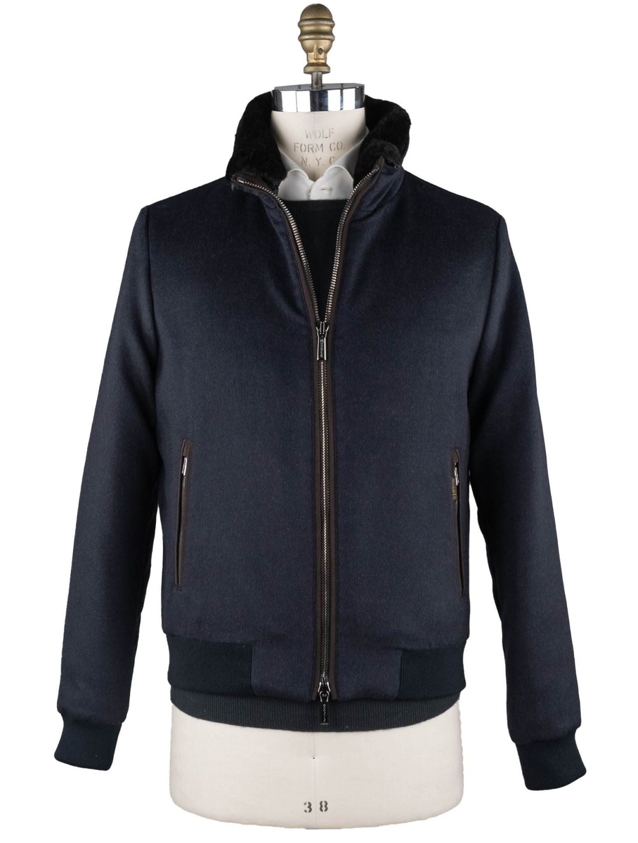 MooRER Blue Wool Cashmere Goat Sheepskin Collar Coat