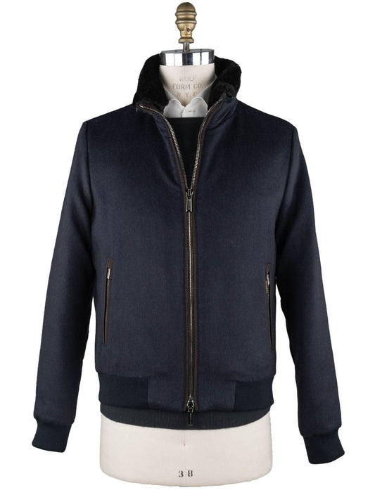 MooRER Blue Wool Cashmere Goat Sheepskin Collar Coat