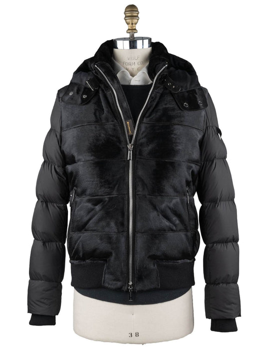 MooRER Black Leather Bos Taurus Sheepskin Collar Coat