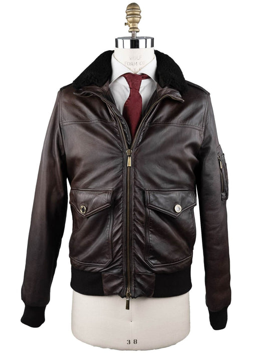MooRER Brown Leather Goat Sheepskin Collar Coat